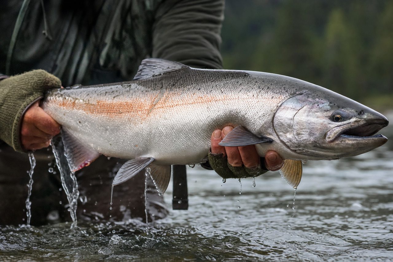A chrome-bright king salmon lifted from a glacial river