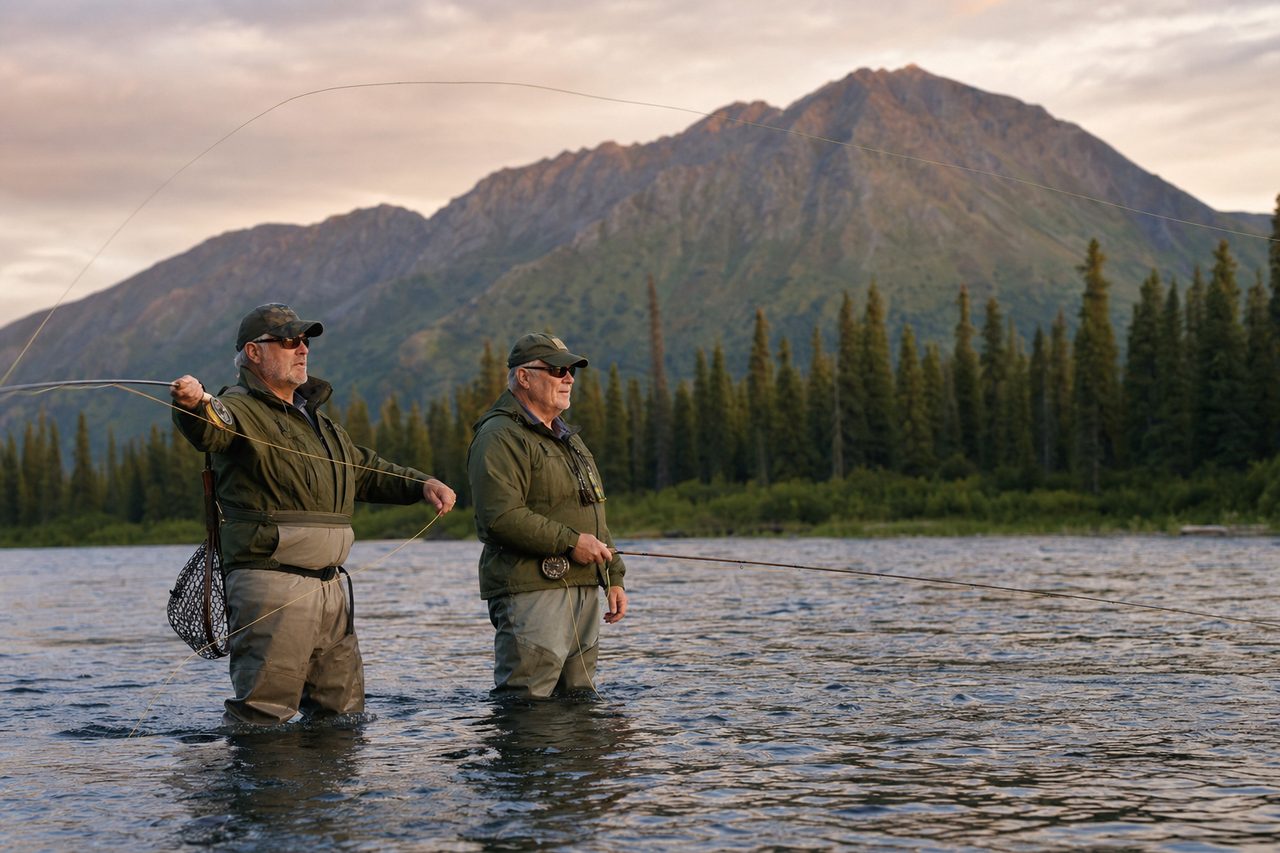 Two veterans fly fishing together in an Alaskan river at dusk
