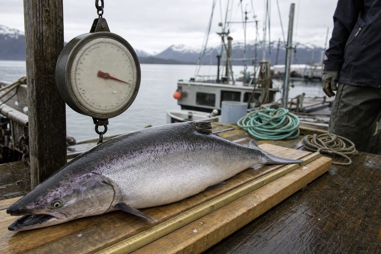 A king salmon on the weigh-in dock next to the derby scale